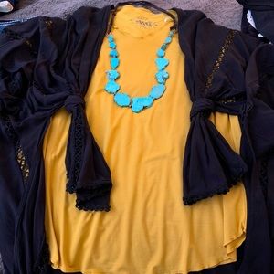 Mustard tee, black kimono with turquoise necklace